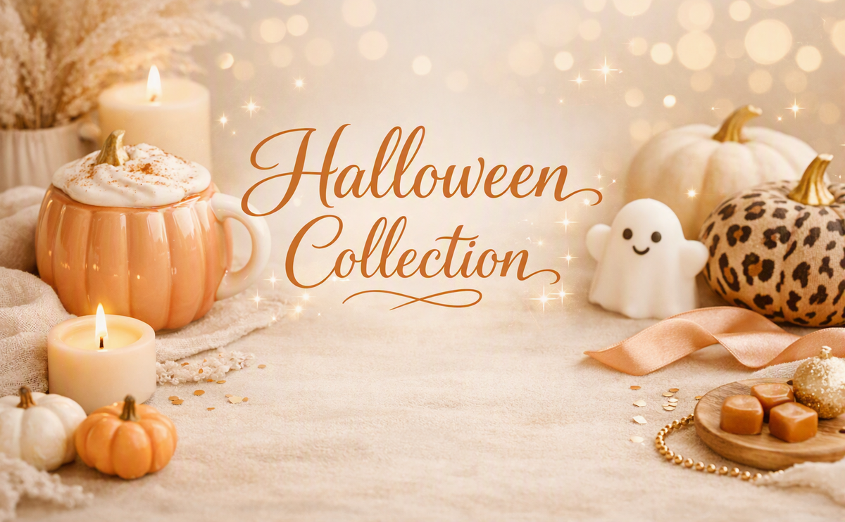 Halloween Collection banner with pumpkins, candles, a ghost, and sparkles on a warm cream background