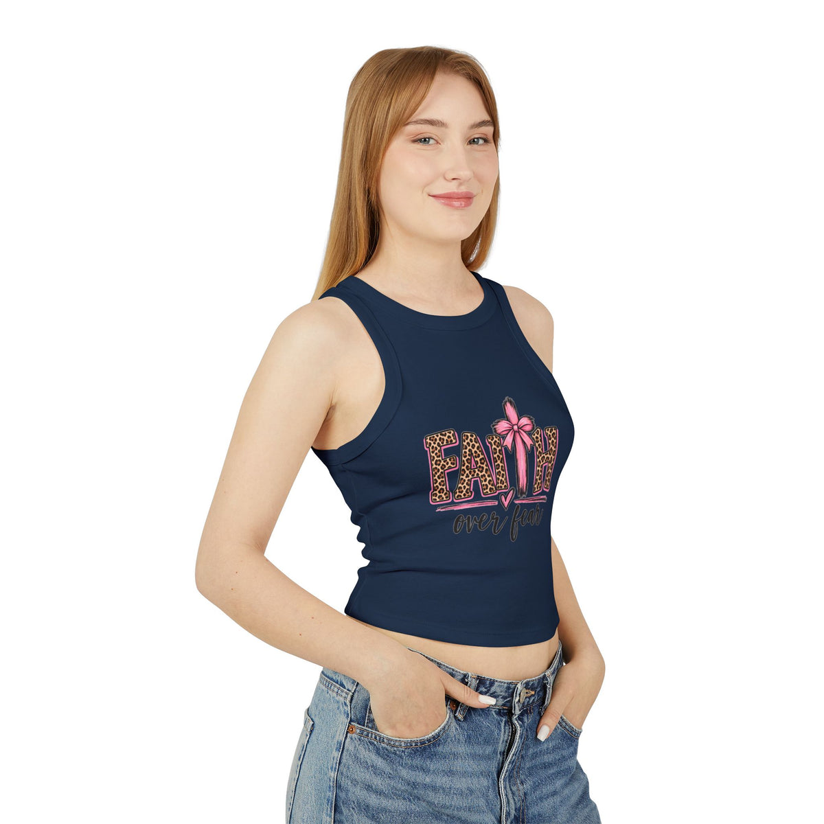 Faith Over Fear Racerback Tank Top — Leopard Print Pink Ribbon Christian Graphic
