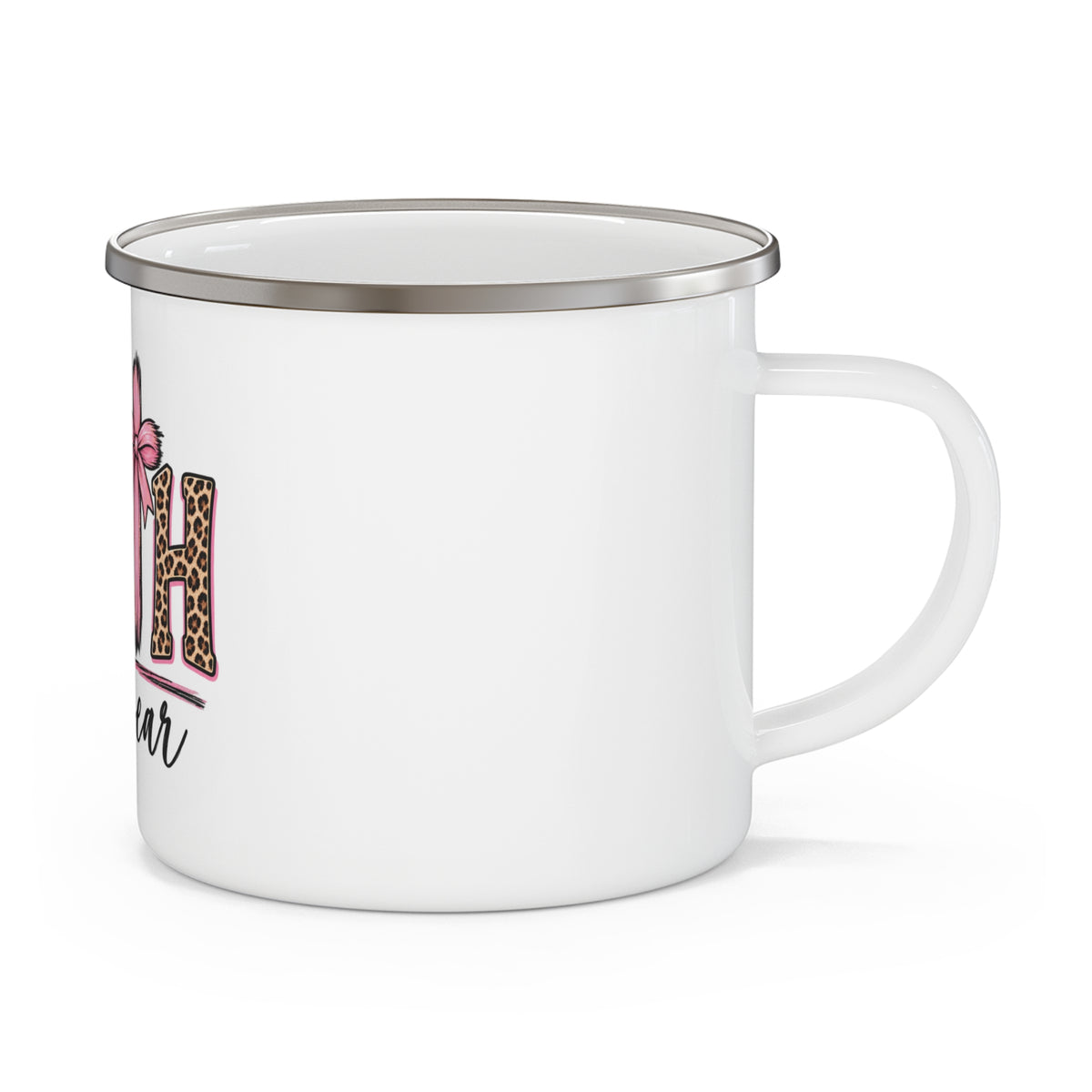 Faith Over Fear Enamel Camping Mug — Leopard Print & Pink Ribbon Christian Coffee Cup