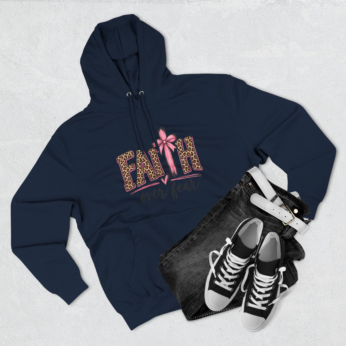 Faith Over Fear Hoodie — Leopard Print Ribbon Christian Pullover