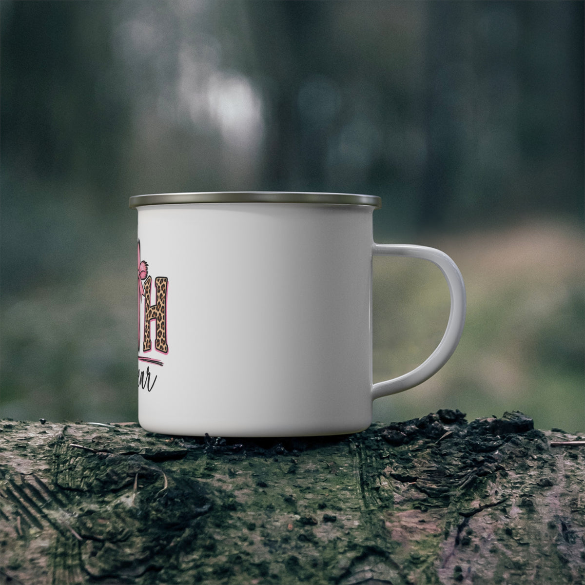 Faith Over Fear Enamel Camping Mug — Leopard Print & Pink Ribbon Christian Coffee Cup