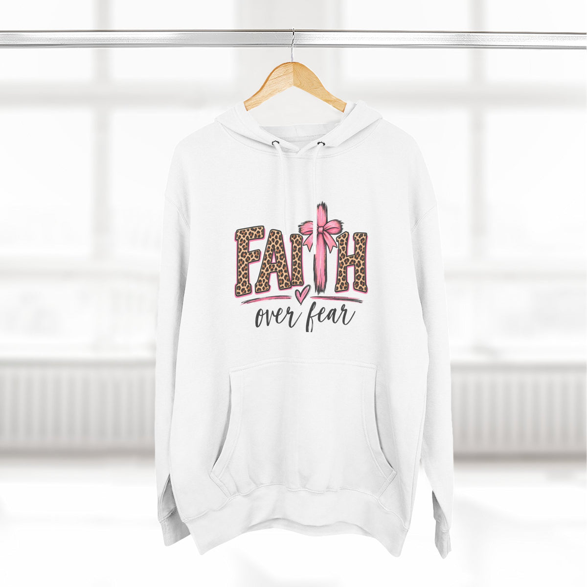 Faith Over Fear Hoodie — Leopard Print Ribbon Christian Pullover