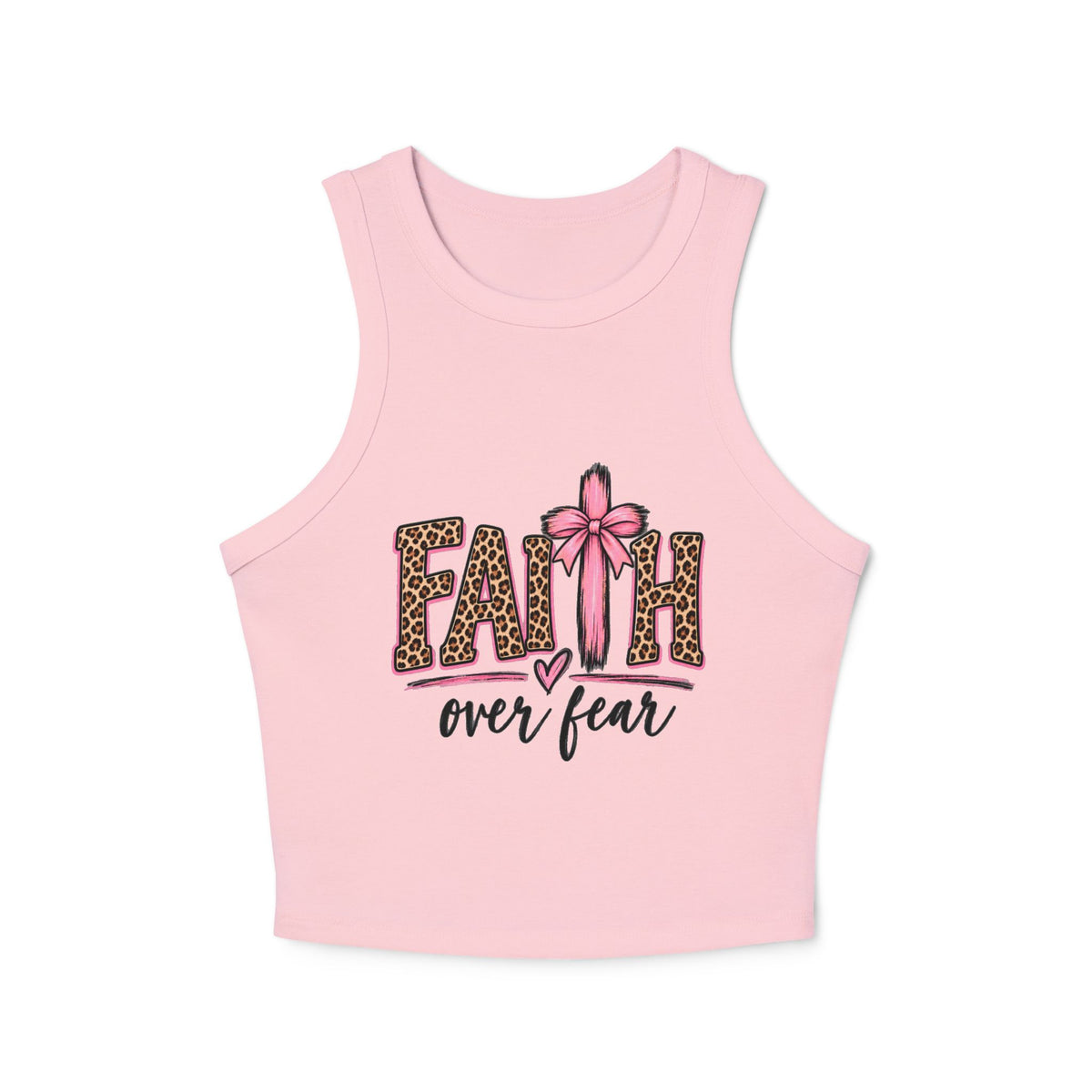 Faith Over Fear Racerback Tank Top — Leopard Print Pink Ribbon Christian Graphic