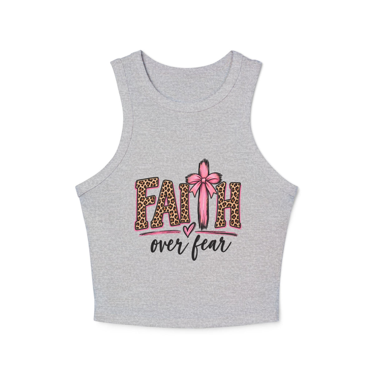 Faith Over Fear Racerback Tank Top — Leopard Print Pink Ribbon Christian Graphic