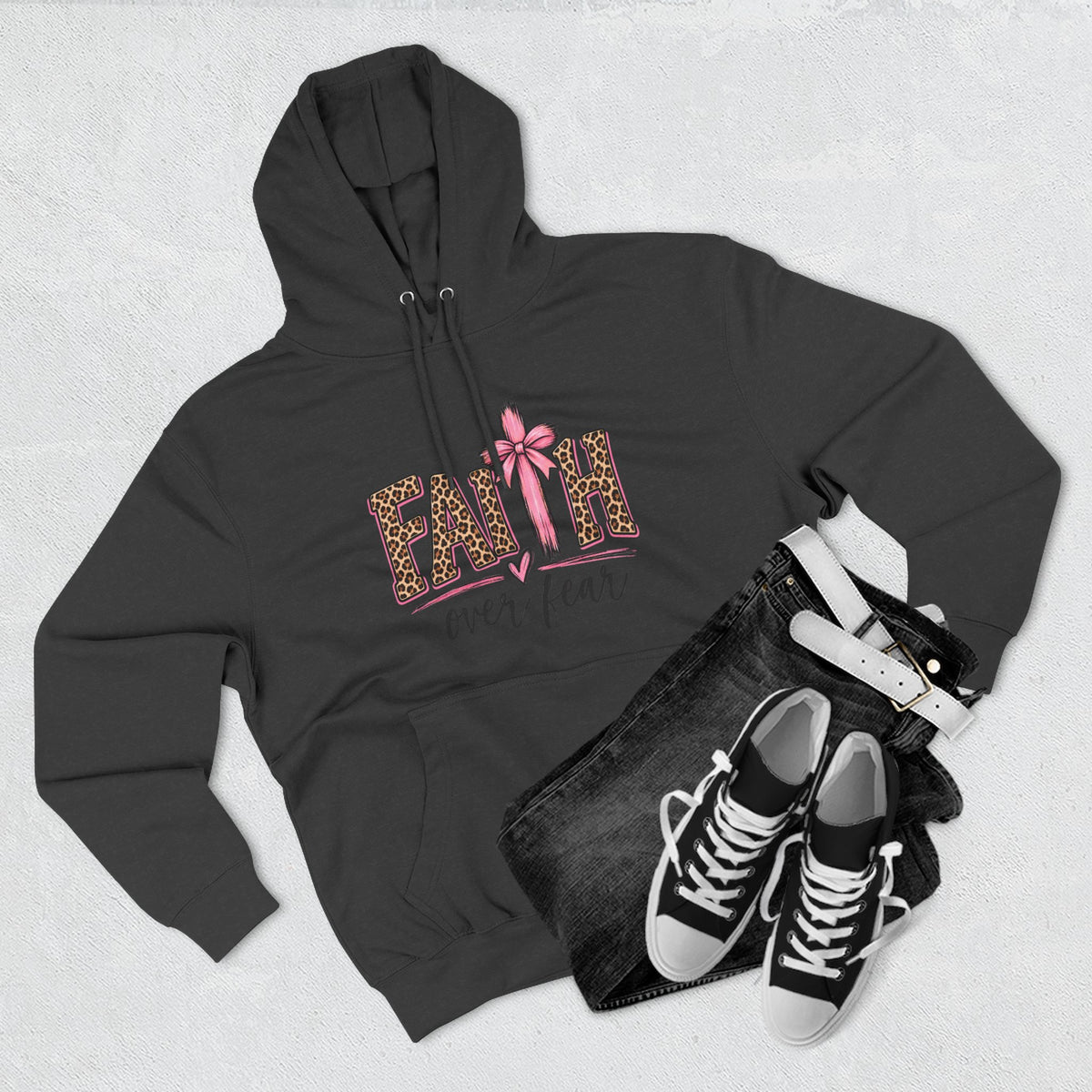 Faith Over Fear Hoodie — Leopard Print Ribbon Christian Pullover