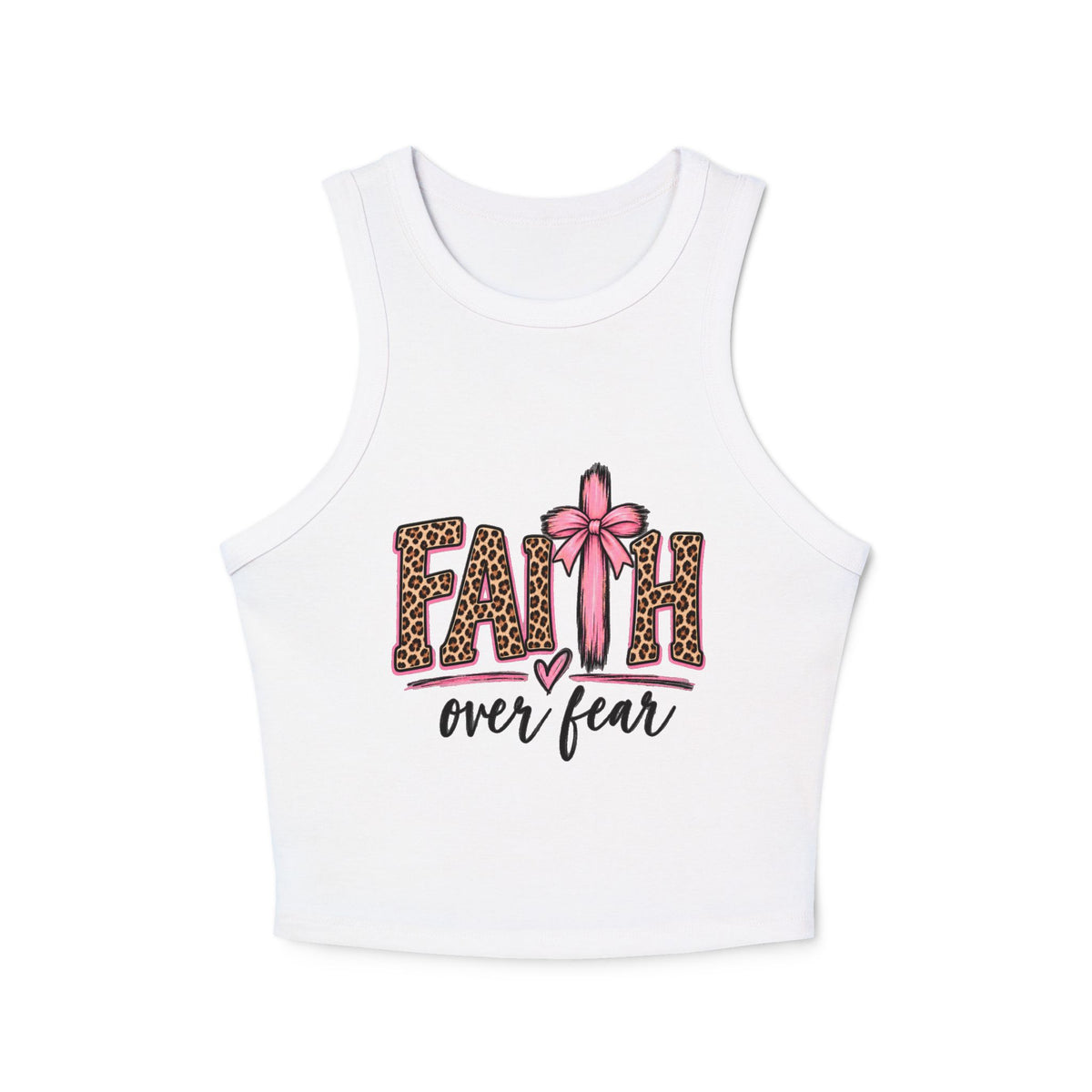Faith Over Fear Racerback Tank Top — Leopard Print Pink Ribbon Christian Graphic