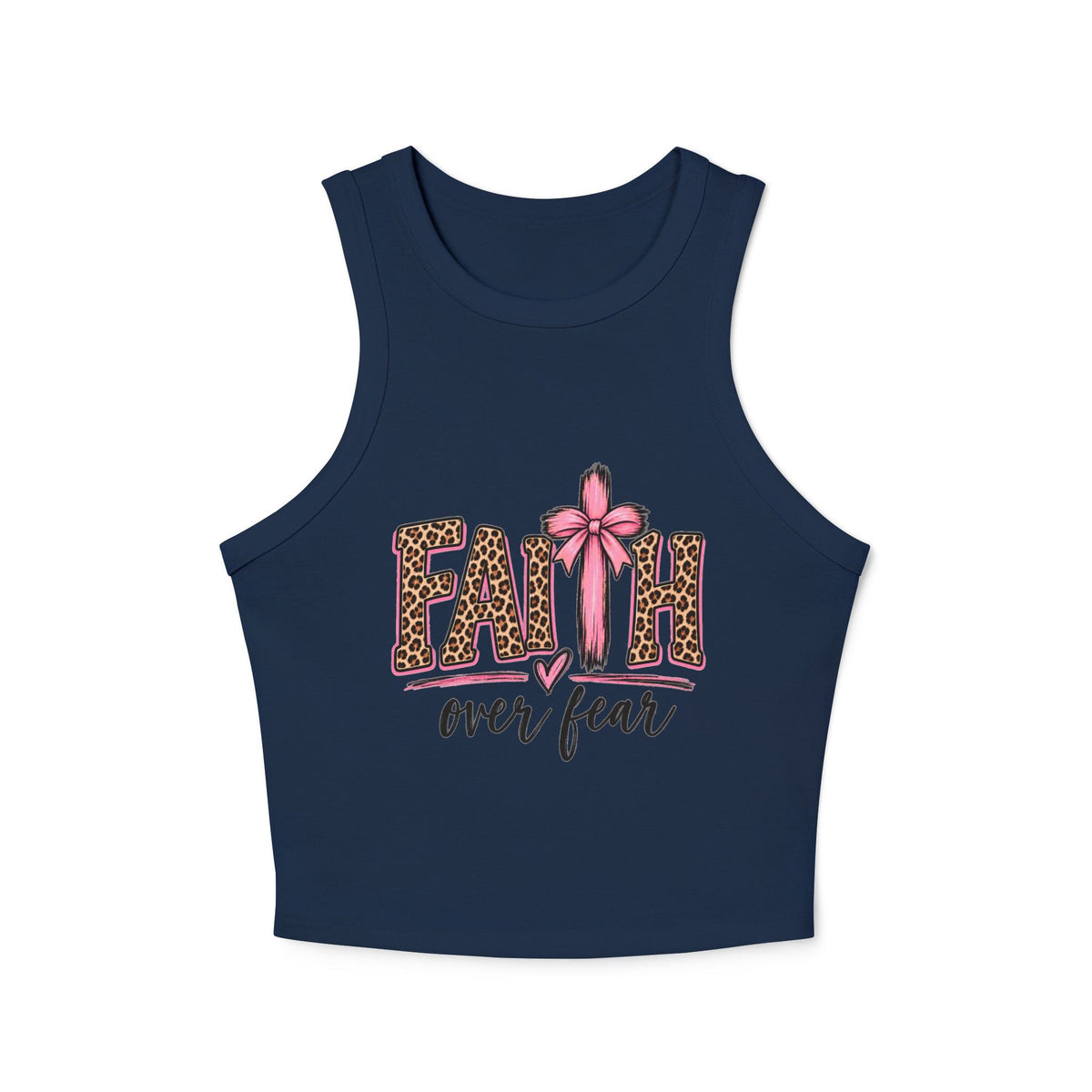 Faith Over Fear Racerback Tank Top — Leopard Print Pink Ribbon Christian Graphic