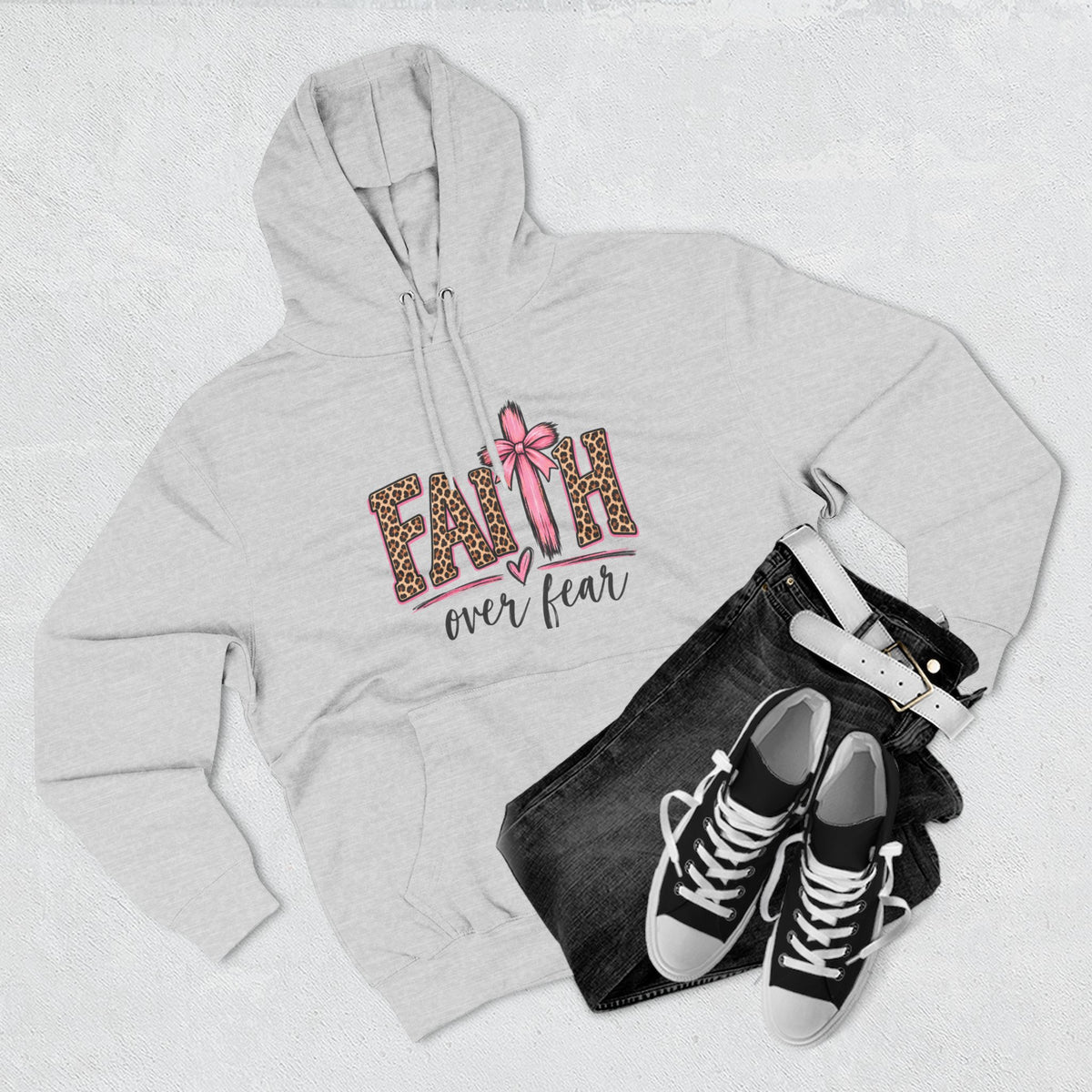Faith Over Fear Hoodie — Leopard Print Ribbon Christian Pullover