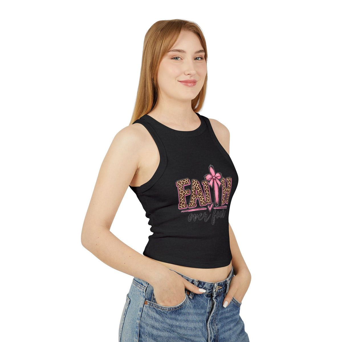 Faith Over Fear Racerback Tank Top — Leopard Print Pink Ribbon Christian Graphic