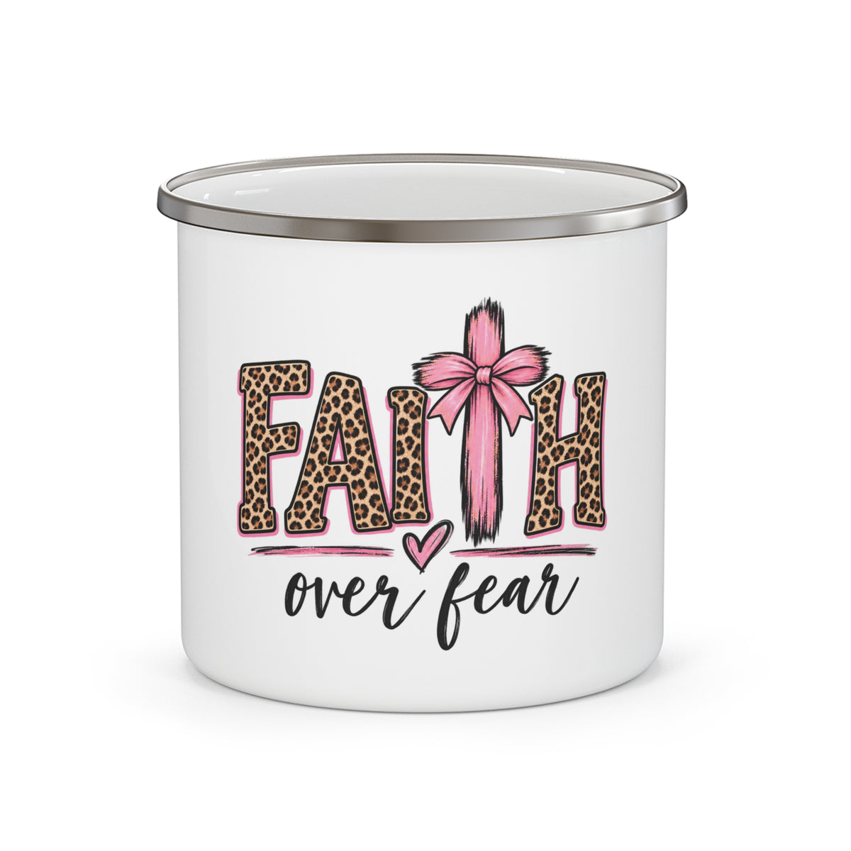 Faith Over Fear Enamel Camping Mug — Leopard Print & Pink Ribbon Christian Coffee Cup