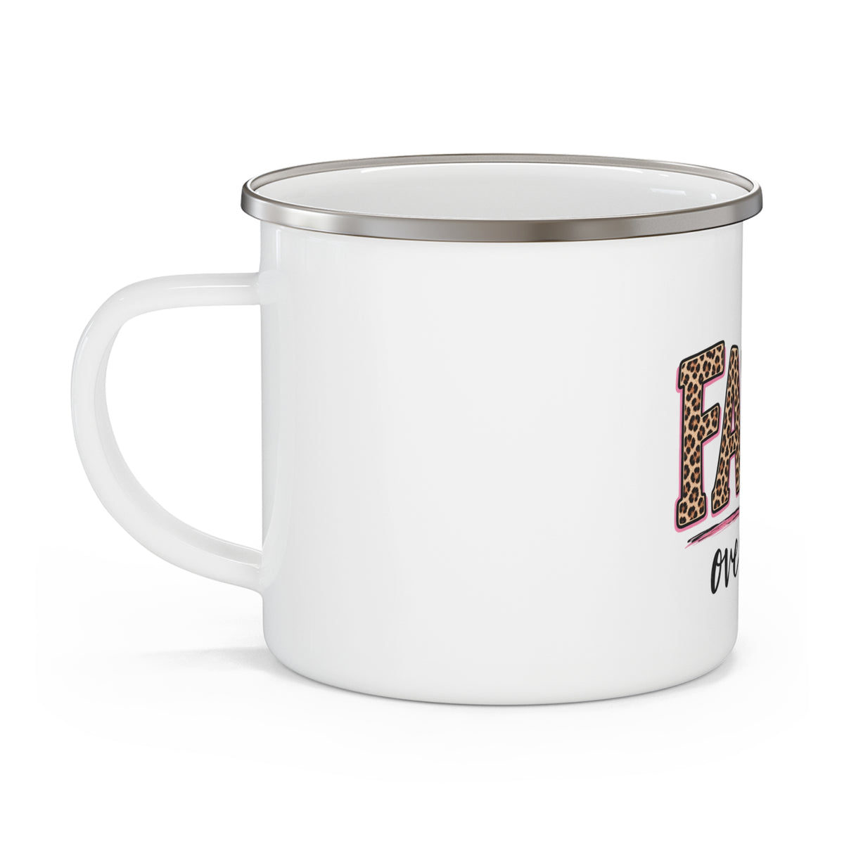 Faith Over Fear Enamel Camping Mug — Leopard Print & Pink Ribbon Christian Coffee Cup
