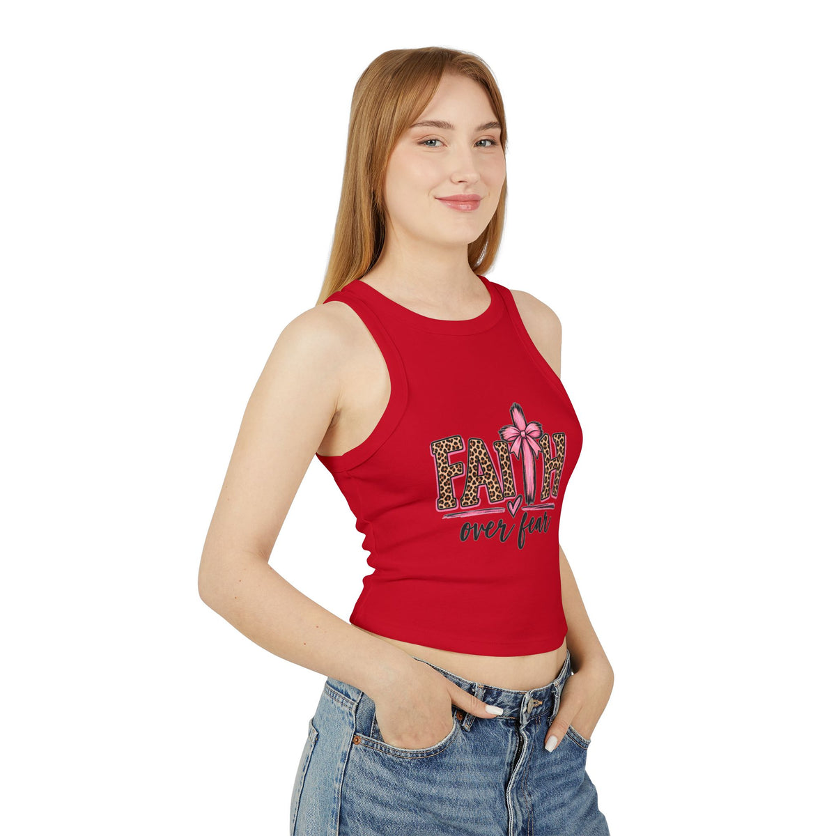 Faith Over Fear Racerback Tank Top — Leopard Print Pink Ribbon Christian Graphic