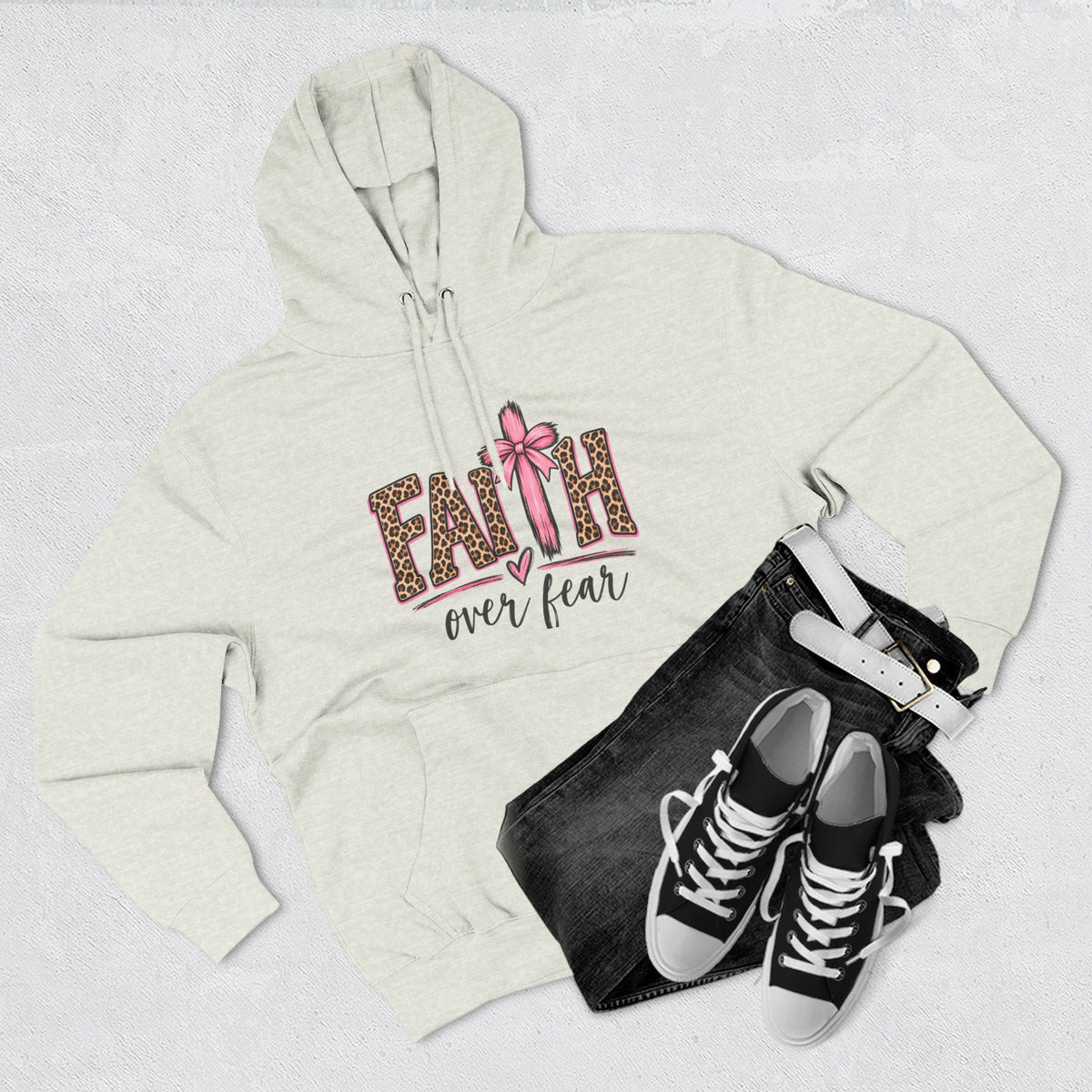 Faith Over Fear Hoodie — Leopard Print Ribbon Christian Pullover
