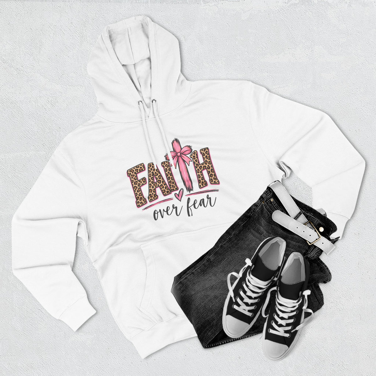 Faith Over Fear Hoodie — Leopard Print Ribbon Christian Pullover