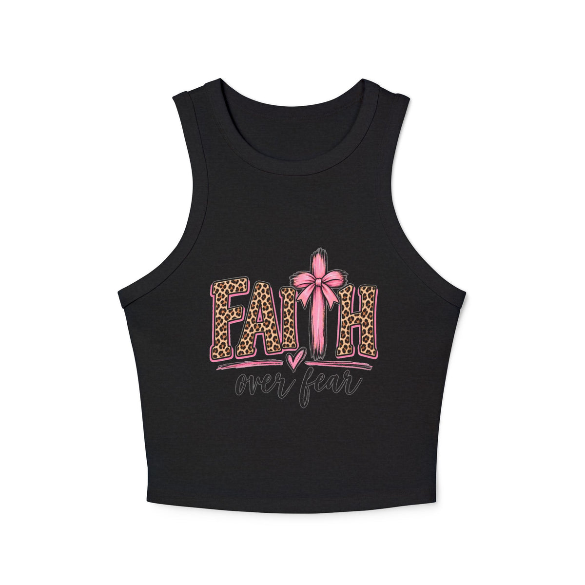 Faith Over Fear Racerback Tank Top — Leopard Print Pink Ribbon Christian Graphic