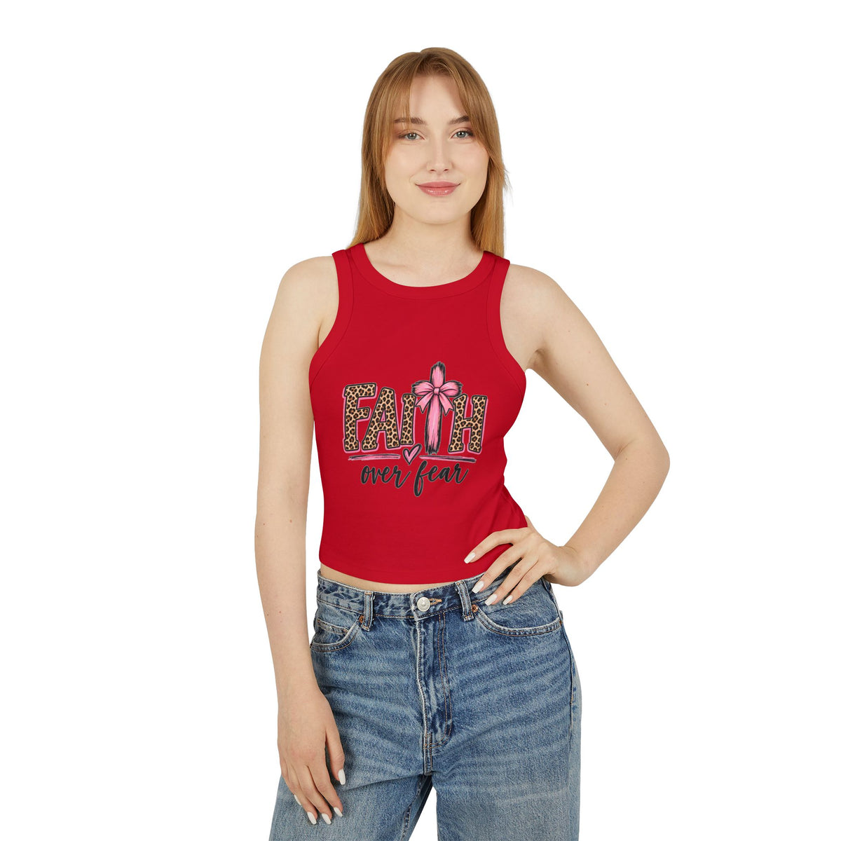 Faith Over Fear Racerback Tank Top — Leopard Print Pink Ribbon Christian Graphic