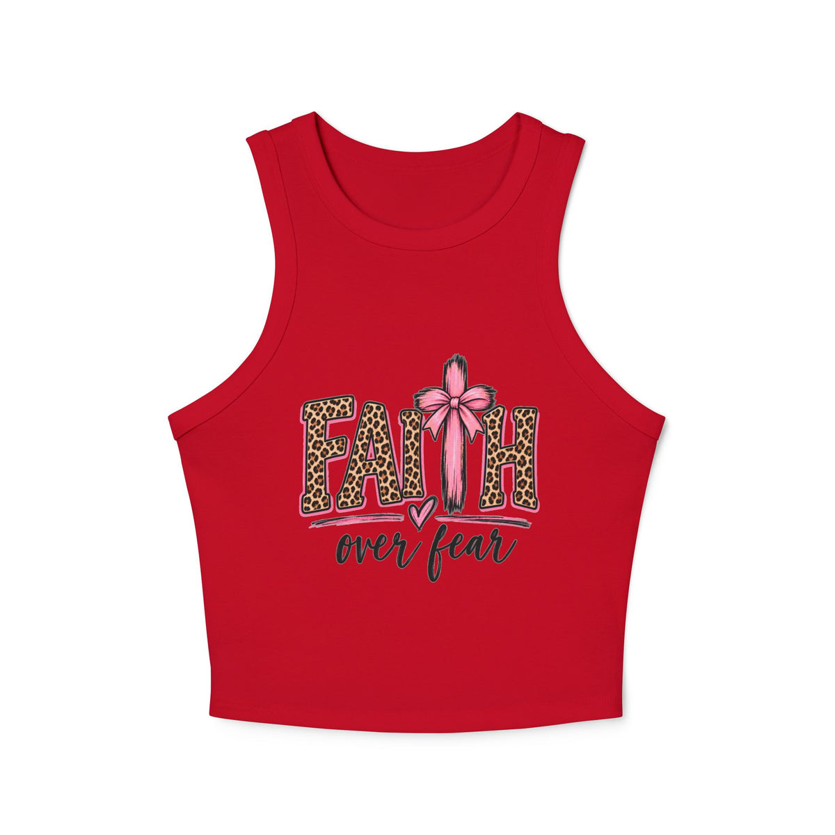 Faith Over Fear Racerback Tank Top — Leopard Print Pink Ribbon Christian Graphic