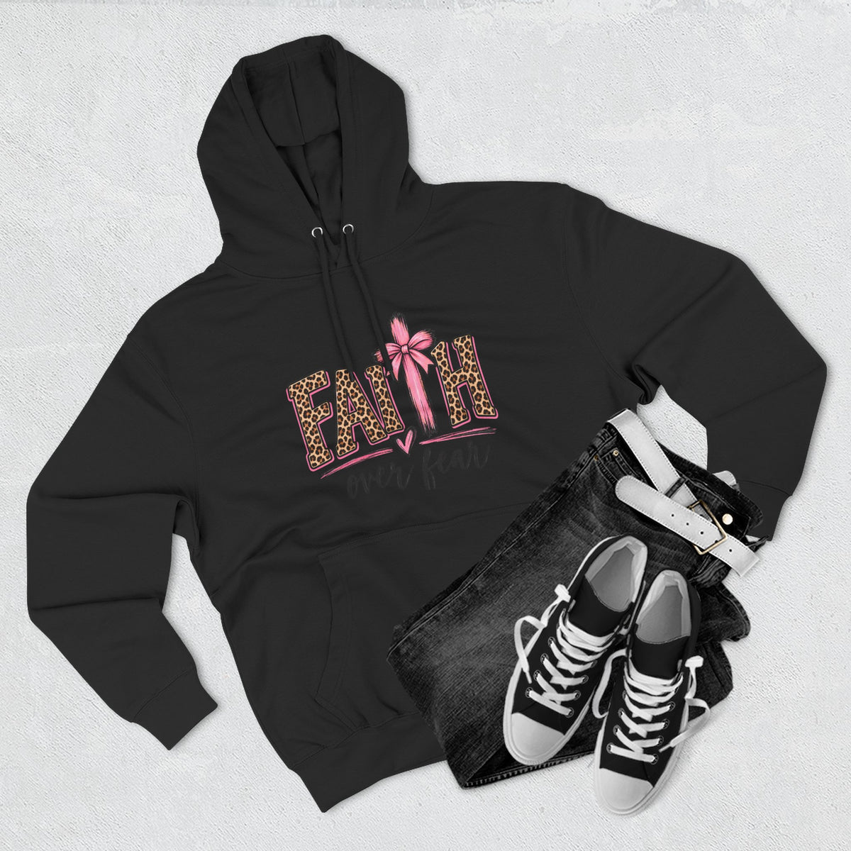 Faith Over Fear Hoodie — Leopard Print Ribbon Christian Pullover